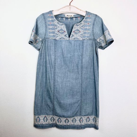 Madewell Short Sleeve Dress Blue Aztec Embroidery Tribal Boho Denim Chambray XS - Picture 3 of 6